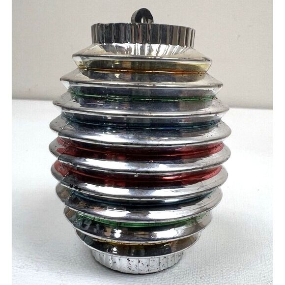 Vtg Bradford Silver Striped Lantern‎ Barrel Disco Ball Christmas Ornaments BX1-2 - Picture 2 of 13